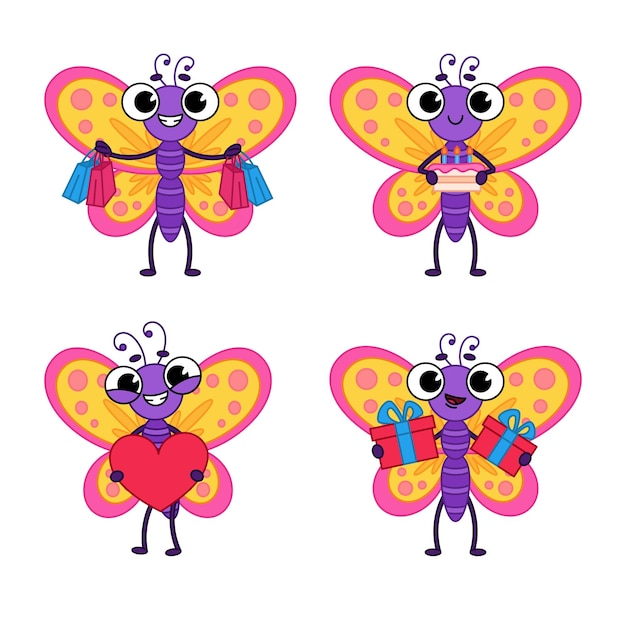 Free Vector set of cute cartoon butterfly with birthday cake, shopping bags, heart and gift box