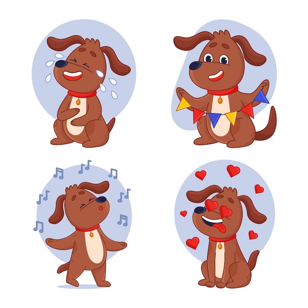 Free vector set of cute cartoon dog singing laughing holding carnival garland and sitting with hearts in eyes