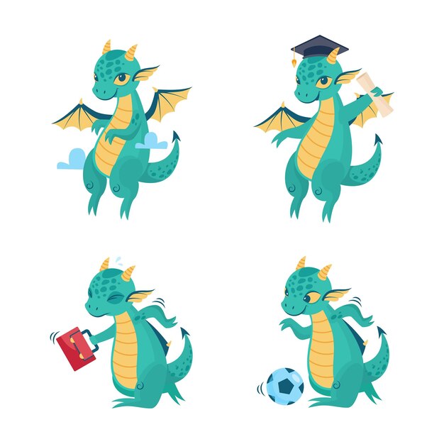 Набор милого мультяшного дракона, играющего в футбол, спешащего на работу, заканчивающего учебу