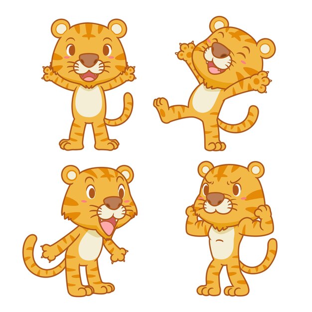 Set of cute cartoon tigers in different poses