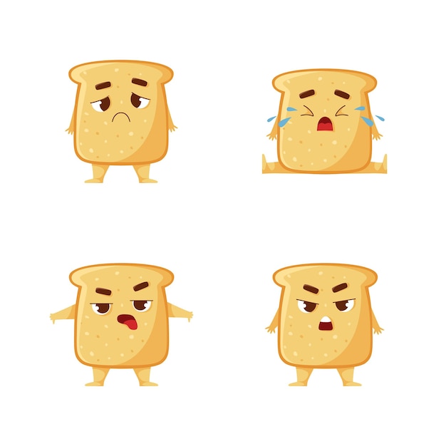 Free vector set of cute cartoon toast character crying, getting angry and sad, having fun and fooling around