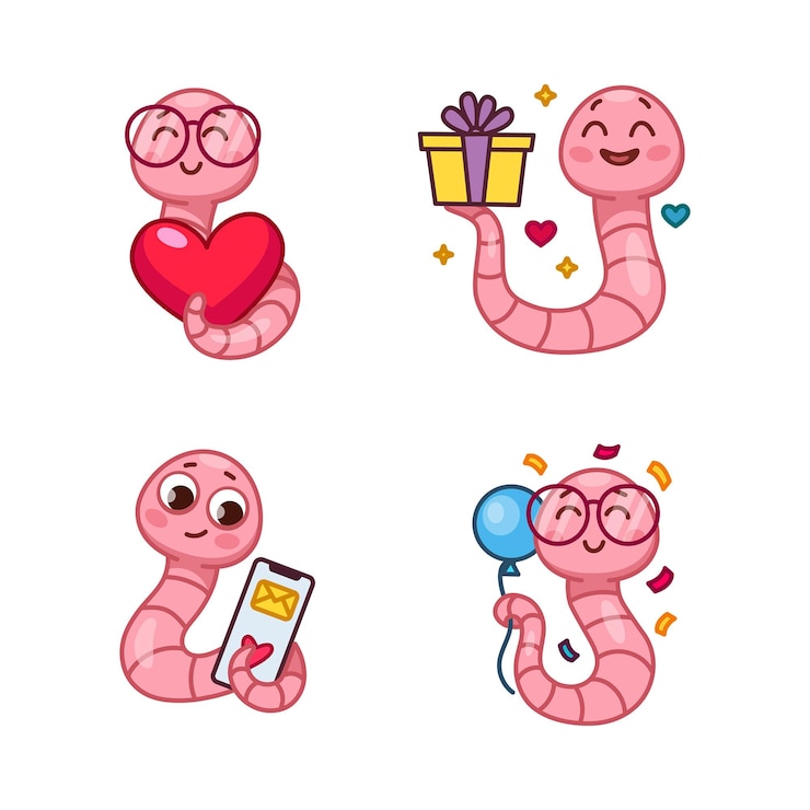 Free Vector set of cute cartoon worm character holding heart gift box air balloon and mobile phone