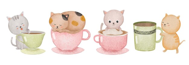 Set of cute cats with coffee cups in watercolor painting style