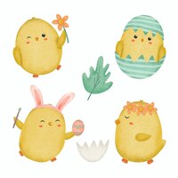 Free vector set of cute chick in various activity with easter day theme cartoon animal drawing watercolor for graphic designer vector illustration