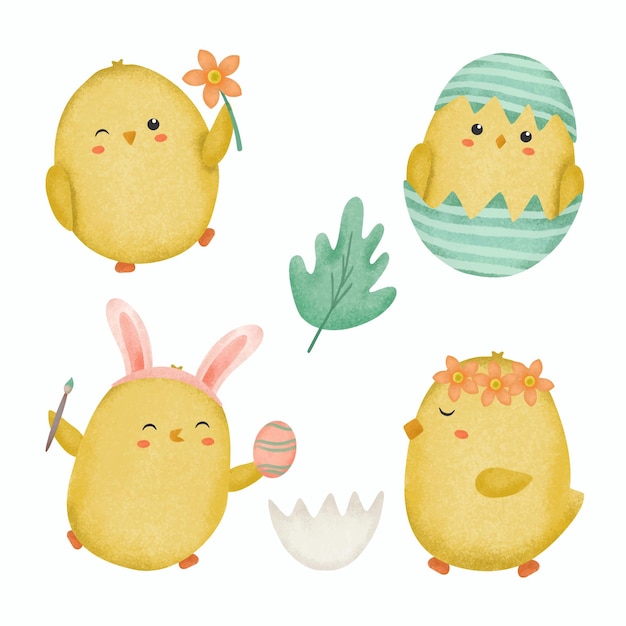 Набор милых цыплят в различных видах деятельности с пасхальной тематикой мультяшный рисунок животных акварелью для векторной иллюстрации графического дизайнера