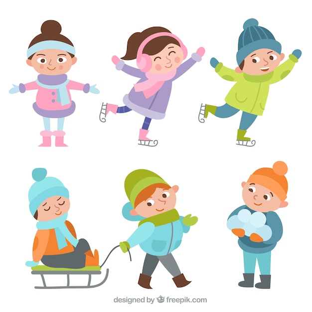 Free vector set of cute children practising winter sports