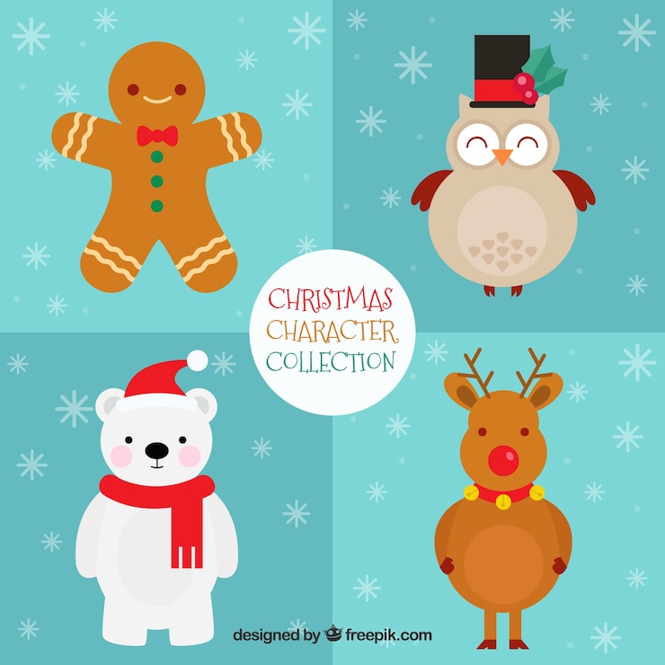 Free Vector set of cute christmas characters in flat design