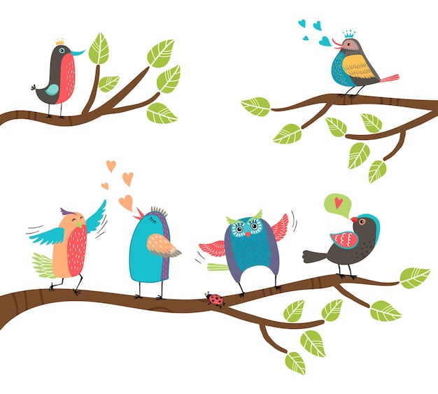 Free vector set of cute colorful cartoon birds perched on branches with a blackbird  lovebird  owl  thrush  robin singing and tweeting with two involved in a courtship display