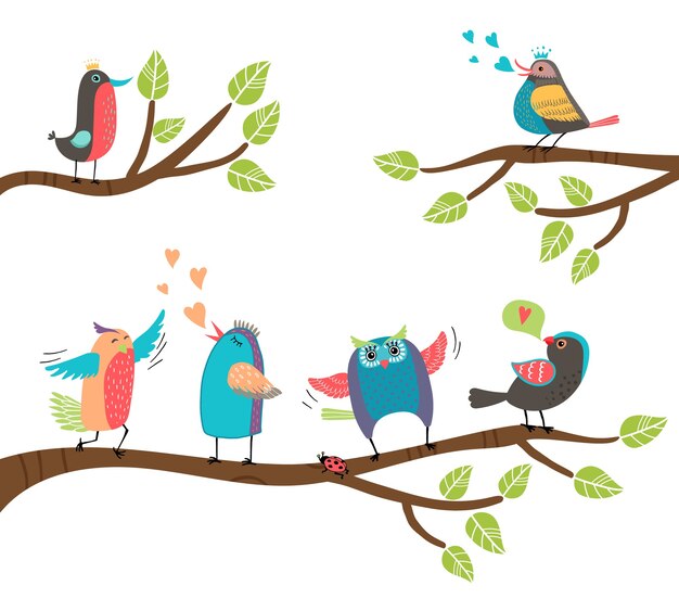 Набор милых красочных мультяшных птиц, сидящих на ветвях с черным дроздом, неразлучником, совой, дроздом, малиновкой, поет и чирикает с двумя, участвующими в ухаживании