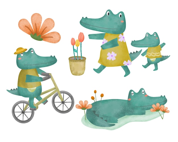 Free vector set of cute crocodile family in various activity cartoon animal and element in drawing watercolor for graphic designer vector illustration