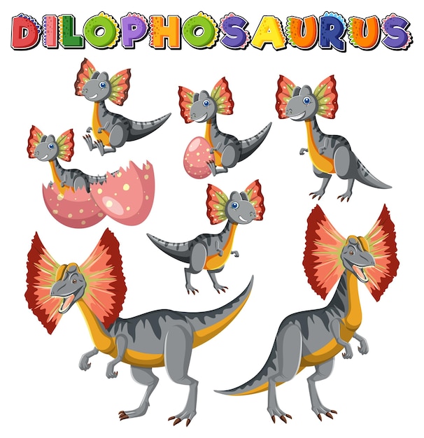 Free vector set of cute dilophosaurus dinosaur cartoon characters