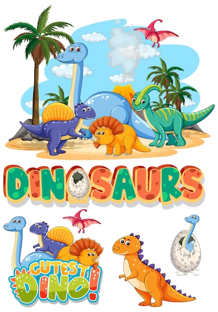 Vettore gratuito set di simpatici personaggi dei cartoni animati di dinosauri