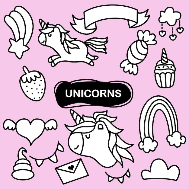 A set of cute doodle unicorn illustration hand drawn