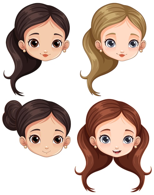 Set of cute female cartoon face