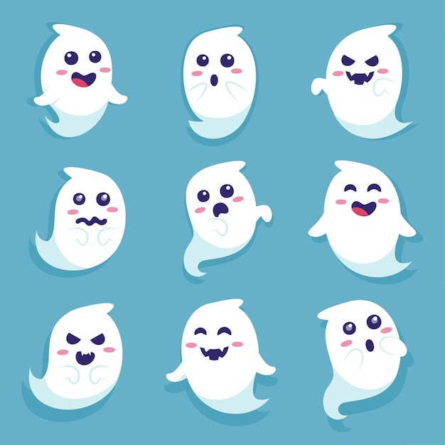 Free vector set of cute funny happy ghosts childish spooky boo characters for kids magic scary spirits with different emotions and face expressions vector illustration