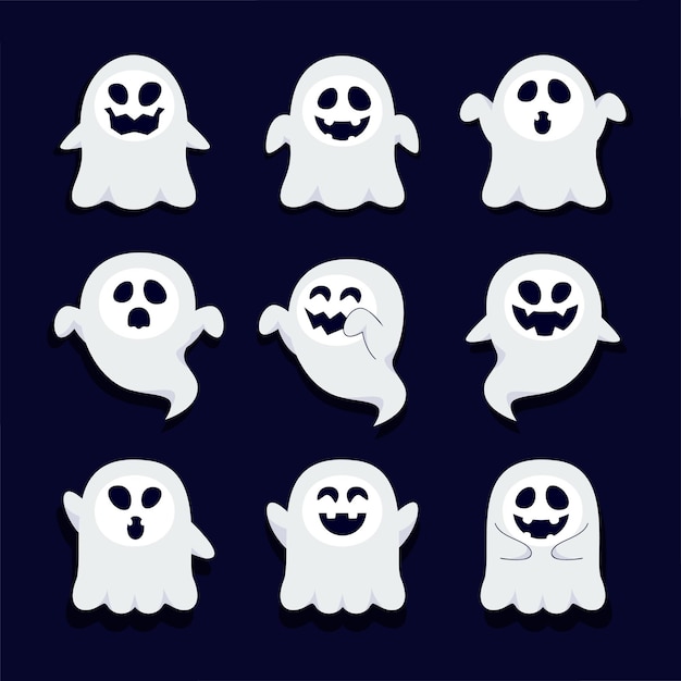 Free vector set of cute funny happy ghosts childish spooky boo characters for kids magic scary spirits with different emotions and face expressions vector illustration