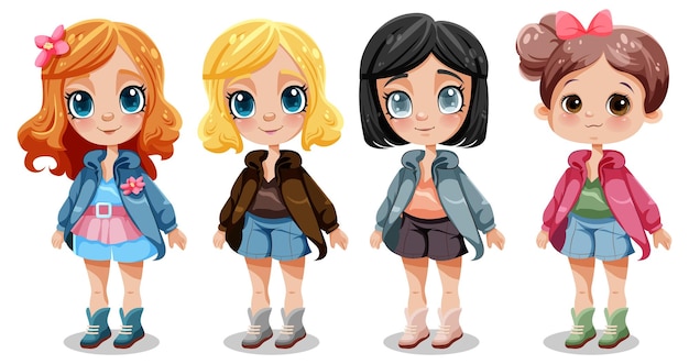 Free vector set of cute girl cartoon character