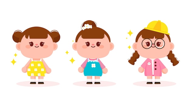 Set of cute girl character cartoon art illustration