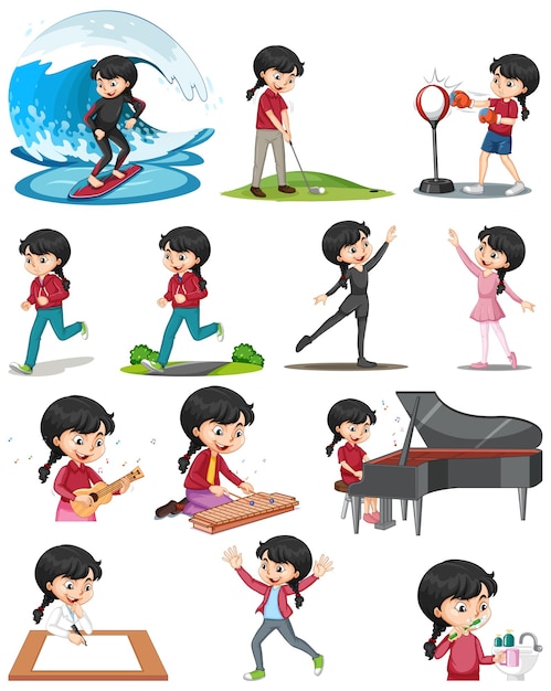 Set of a cute girl doing different activities