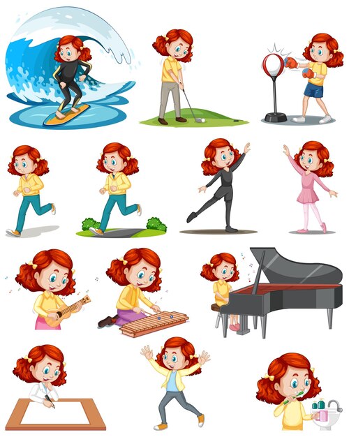 Set of a cute girl doing different activities