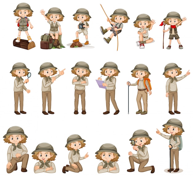 Free vector set of cute girl in safari outfit doing many activities