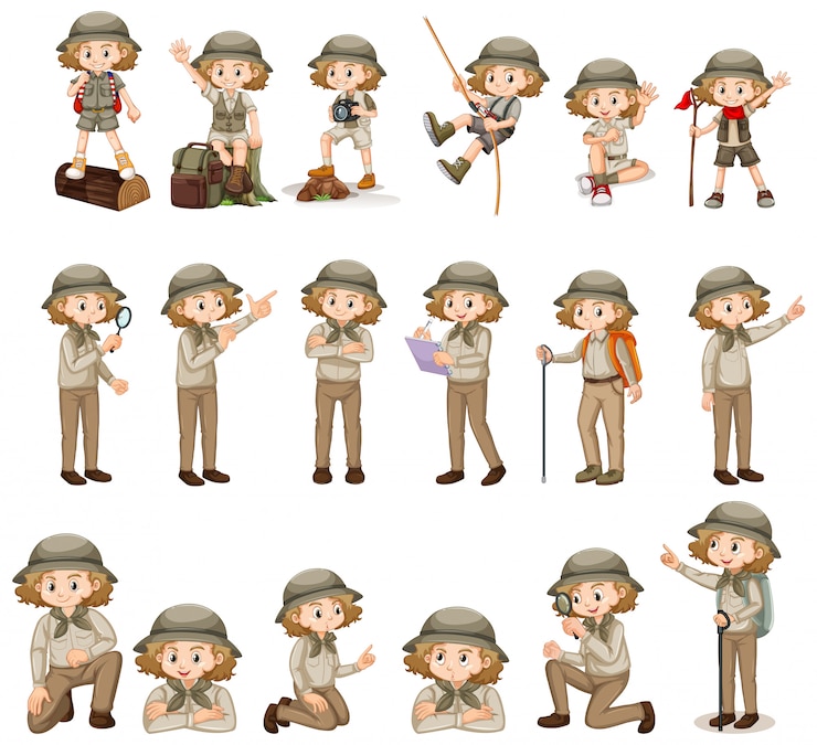 無料Vector 多くの活動をしているサファリ服でかわいい女の子のセット