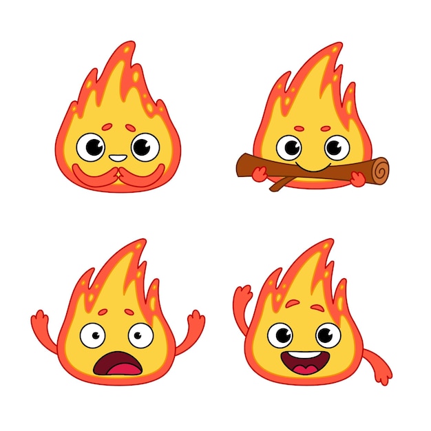 Free vector set of cute hand-drawn flame characters smiling, eating wood, getting shocked and excited