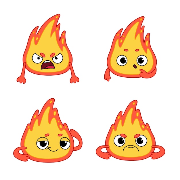 Set of cute hand-drawn flame characters with furious, curious, flirty, angry expressions