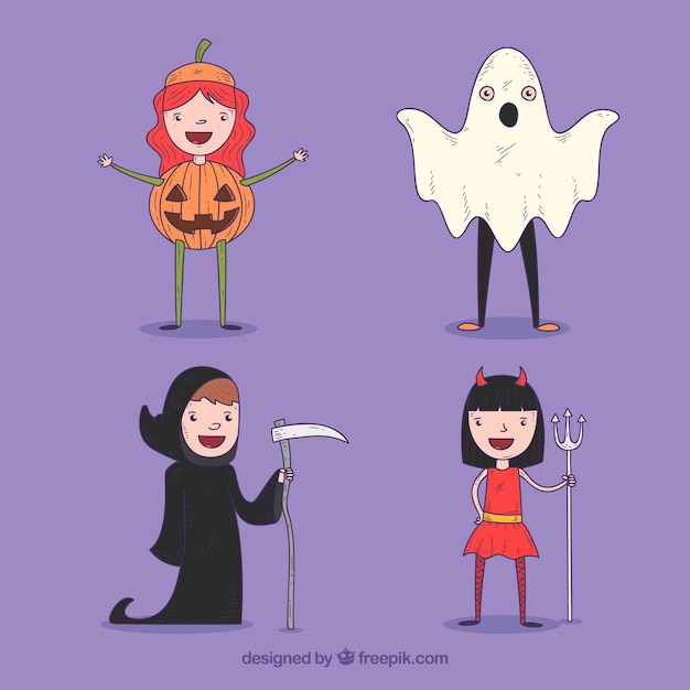 Free vector set of cute hand drawn halloween kids