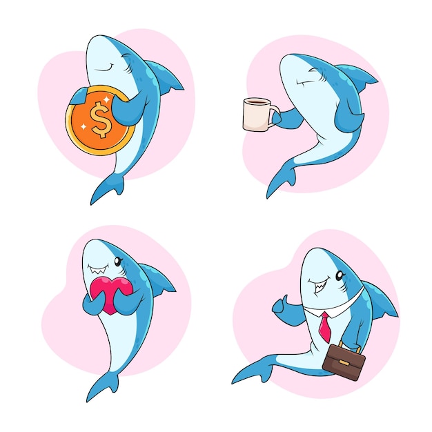 Free vector set of cute hand-drawn sharks holding dollar coin, drinking coffee, holding heart, wearing necktie