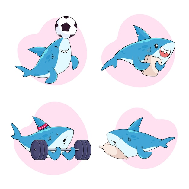 Vector Templates: Cute Hand-Drawn Sharks Playing with Ball, Holding Package, Training with Barbell, Sleeping â Free Download