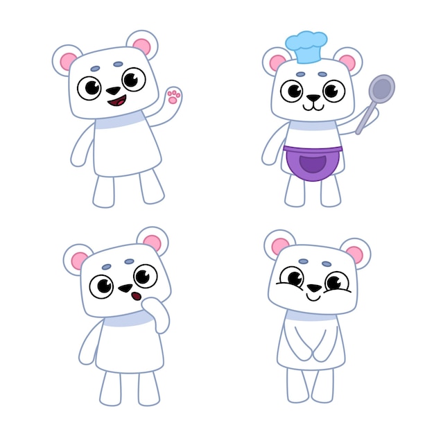 Free vector set of cute hand-drawn white bears waving, holding spoon, getting curious, smiling