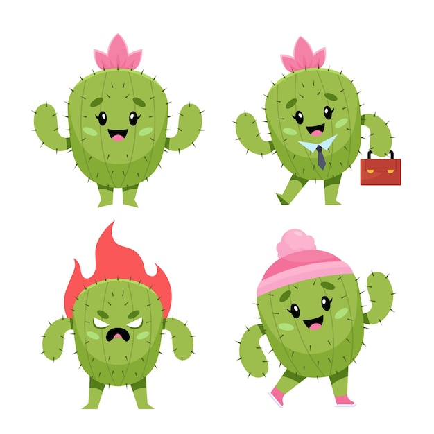 Set of cute handdrawn cactuses smiling holding briefcase getting angry figure skating