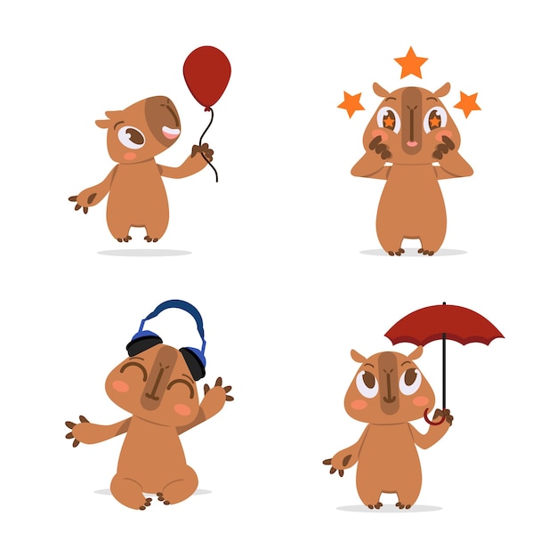 Set of cute handdrawn capybaras holding balloon getting excited\
listening to music holding umbrella