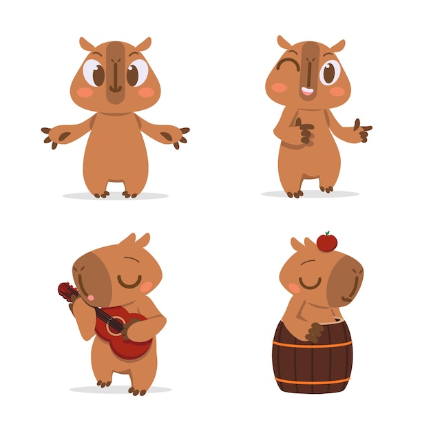 Free vector set of cute handdrawn capybaras smiling winking playing guitar sitting in barrel