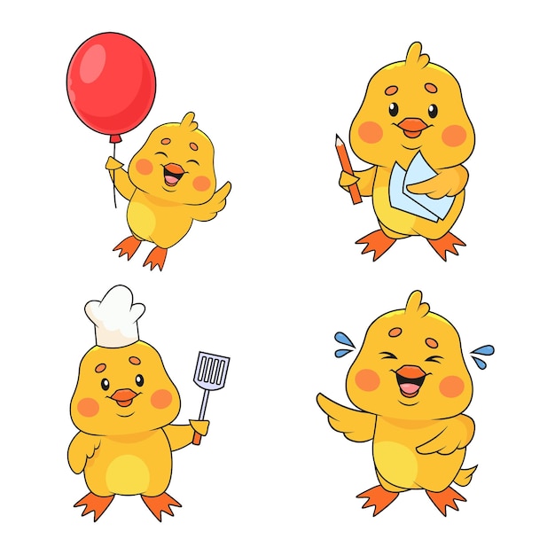 Set of cute handdrawn cartoon chicks holding balloon pencil and paper spatula and laughing