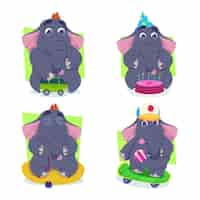 Free vector set of cute handdrawn cartoon elephants playing with toy car eating cake meditating skating with lollipop