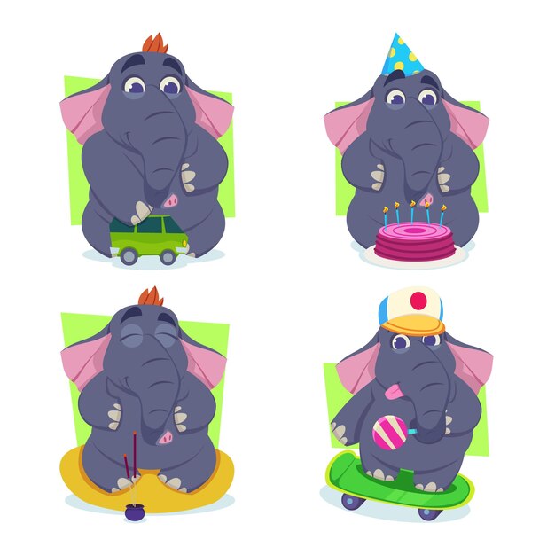 Free Vector set of cute handdrawn cartoon elephants playing with toy car eating cake meditating skating with lollipop