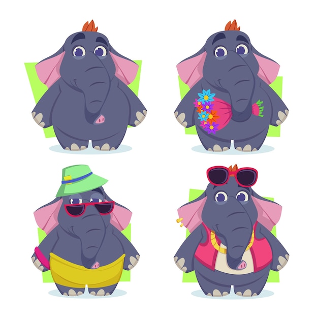 Free Vector set of cute handdrawn cartoon elephants smiling holding bouquet wearing sunglasses and cap waistcoat and chain