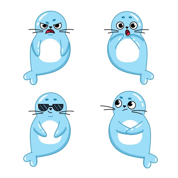 Set of cute handdrawn cartoon seals getting angry surprised doubted wearing sunglasses