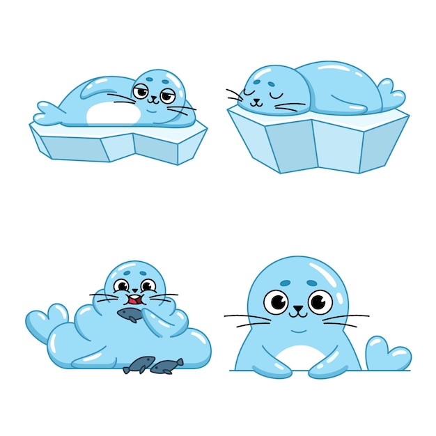 Set di simpatici sigilli di cartoni animati disegnati a mano sdraiati sulla piastra di ghiaccio che dormono mangiando pesce sbirciando e sorridendo