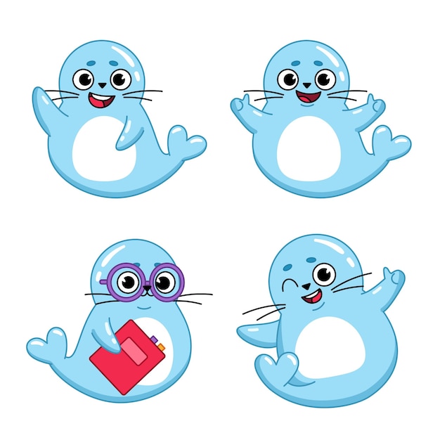 Free vector set of cute handdrawn cartoon seals waving showing thumbs up holding book winking