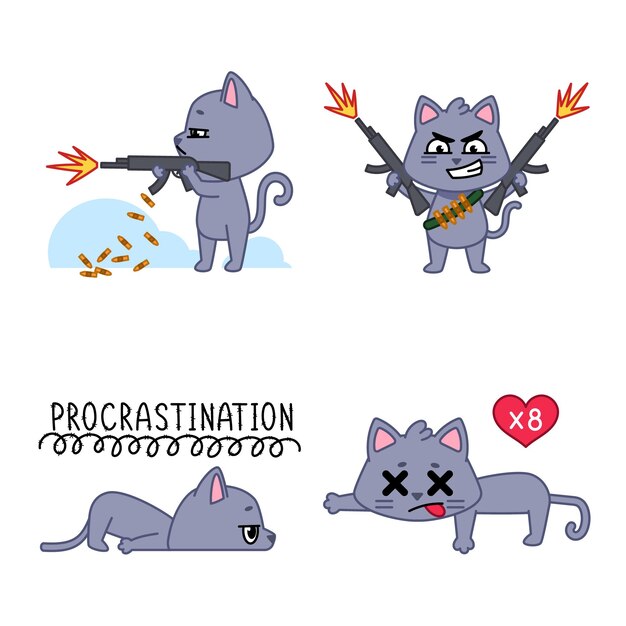 Set of cute handdrawn cats shooting with firearm lying with procrastination feeling love