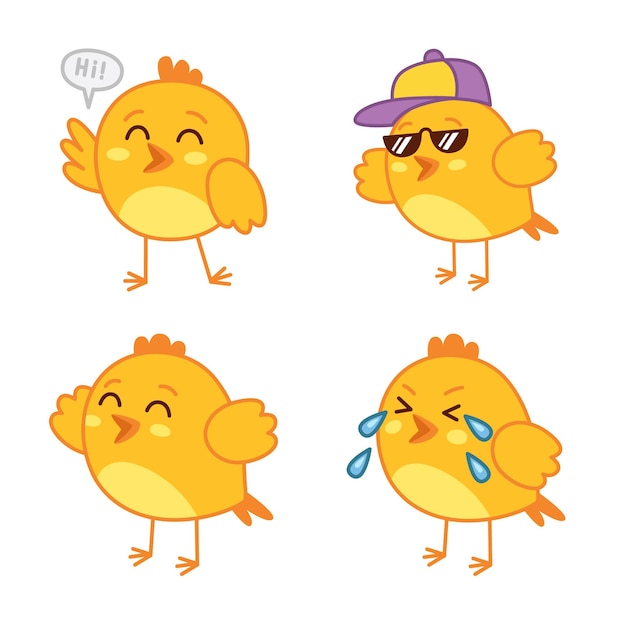 Free vector set of cute handdrawn chickens saying hi wearing sunglasses and cap smiling crying