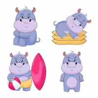 Free vector set of cute handdrawn comic hippos with sad expression sleeping on pillows surfing smiling