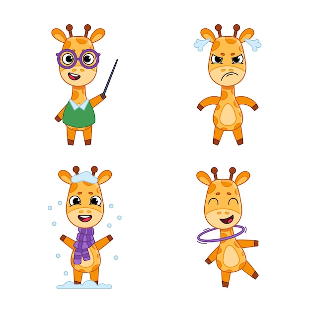 Free vector set of cute handdrawn giraffes holding pointer stick getting angry playing with snow swirling hula hoop on neck