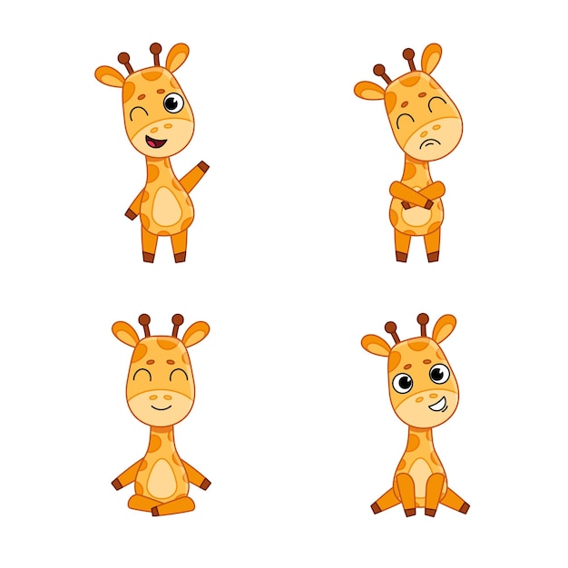 Set of cute handdrawn giraffes winking feeling offended meditating smiling