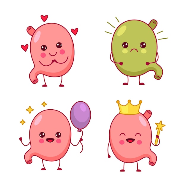 Set of cute handdrawn human stomachs feeling love ill holding balloon wearing crown
