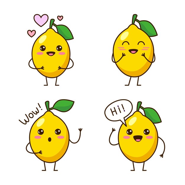 Set of cute handdrawn lemons feeling love smiling surprising greeting