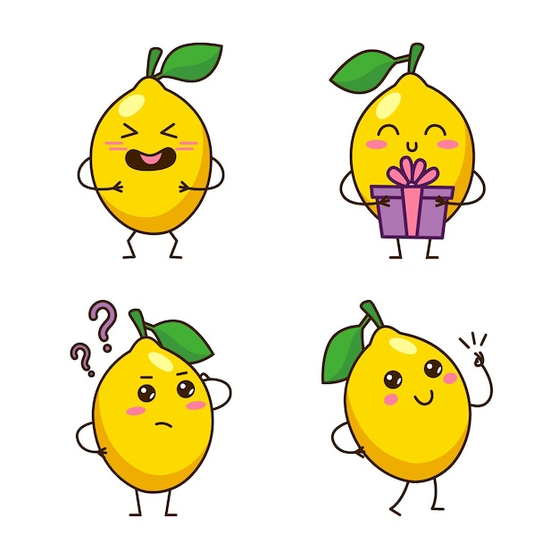 Set of cute handdrawn lemons laughing holding gift box asking questions snapping fingers